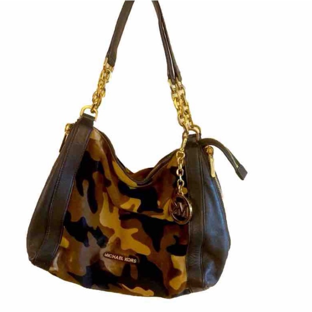 Michael Kors RARE Brown Camo CalfHair & Leather Chain Strap Side Zip Purse GUC